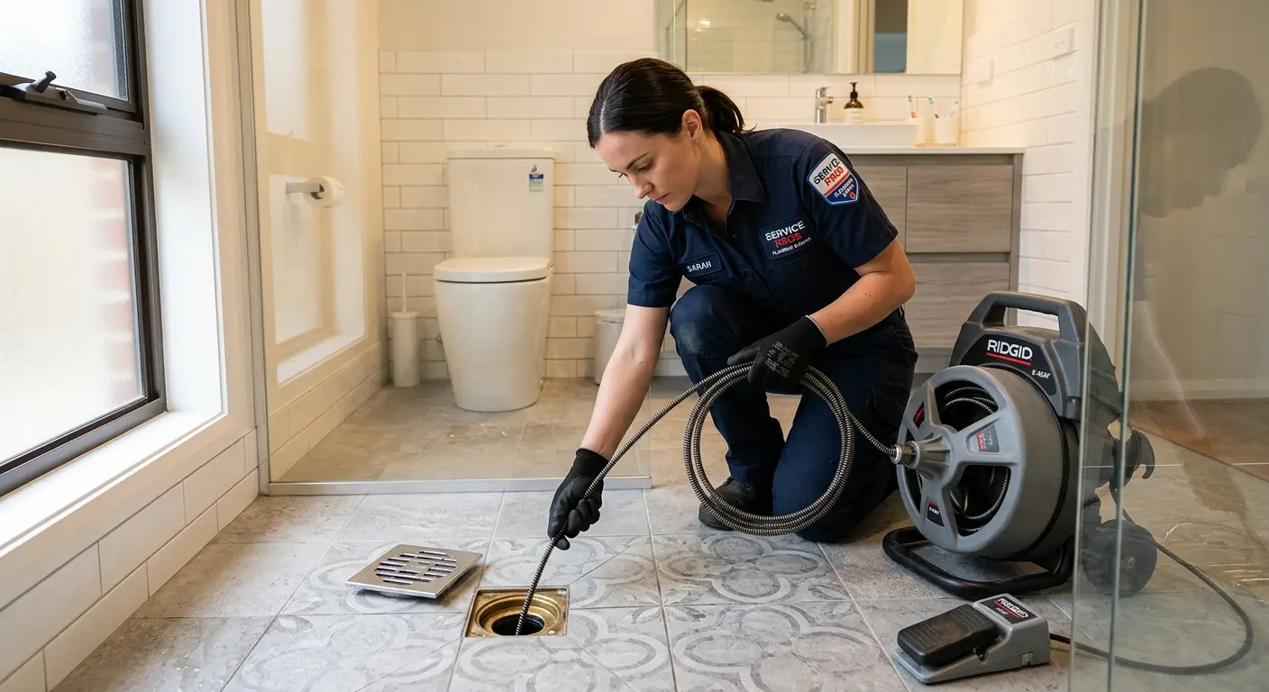 Technician clearing a bathroom floor drain for Sewer Line Replacement in Sans Souci